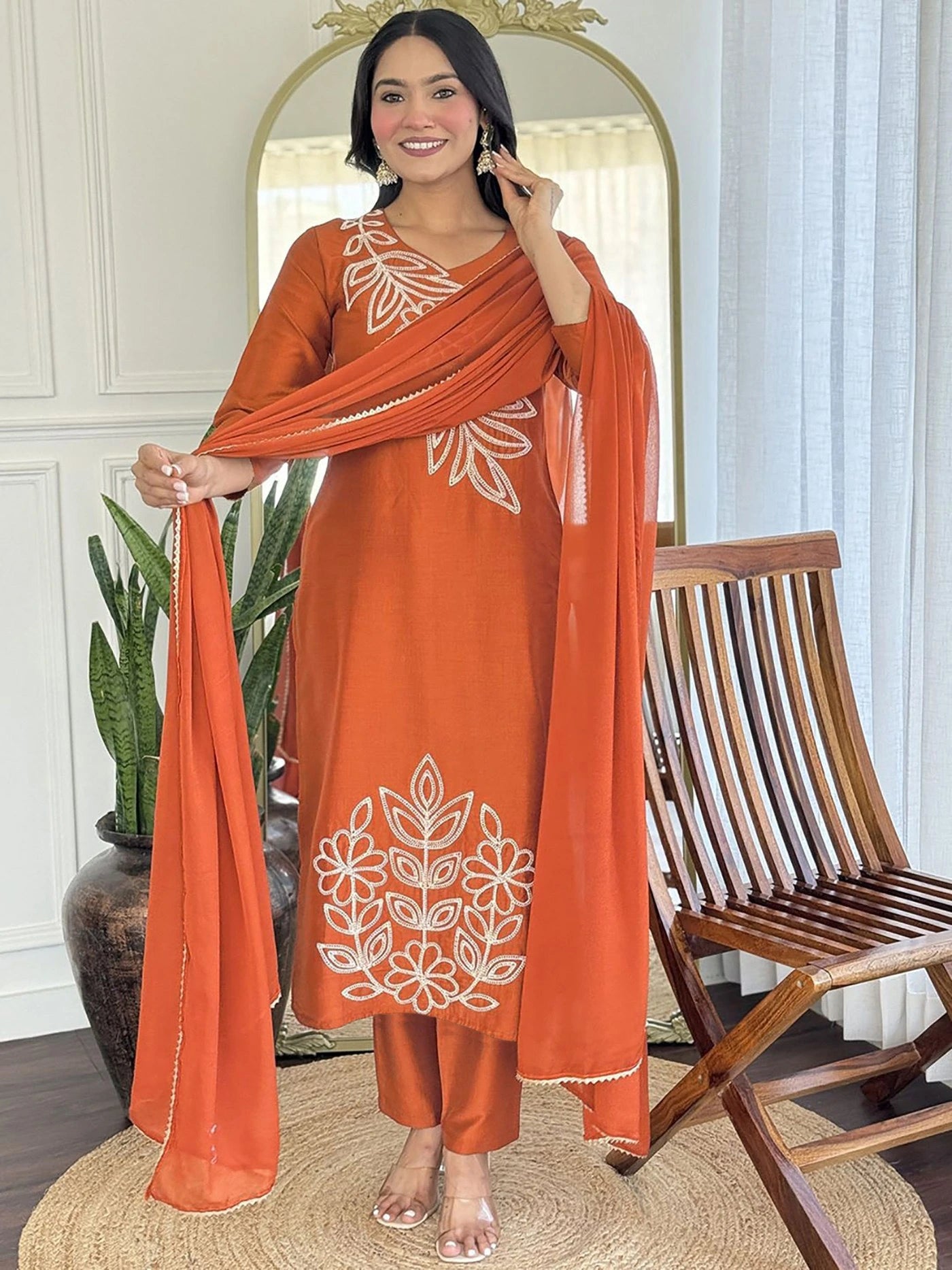 orange tesla embroidered kurti set